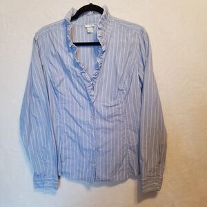 Odille 12 Top Blue White Striped Button Front Ruffle Trim Prairie Preppy Office